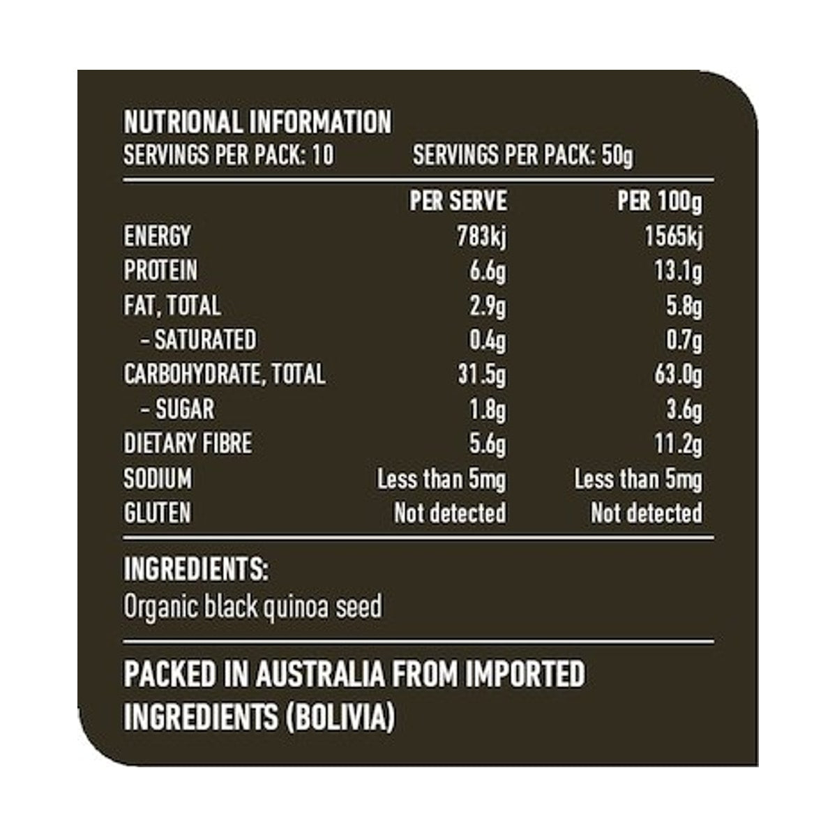 Lotus Quinoa Grain Black Organic 500g rear label and nutrition information panel