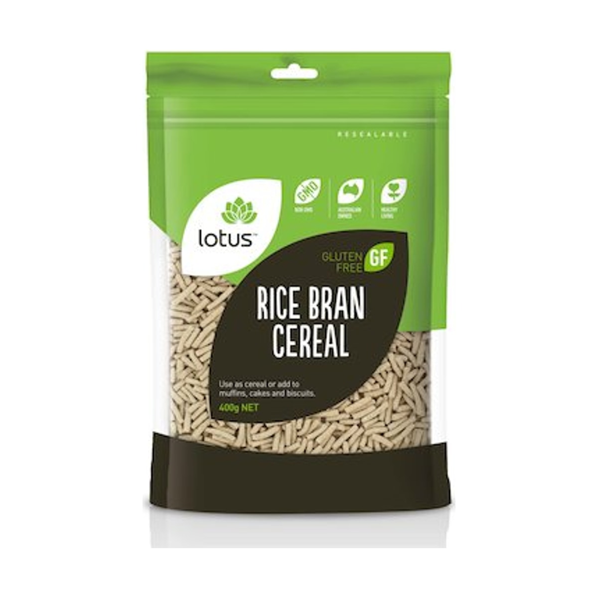 Lotus Rice Bran Cereal 400g front pack on white background