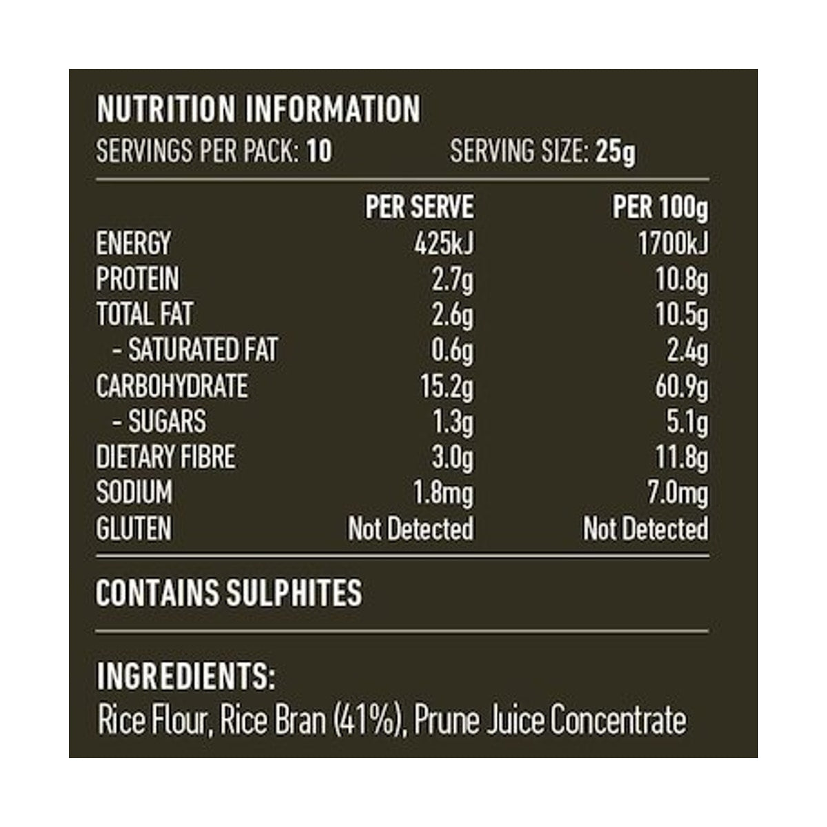 Lotus Rice Bran Cereal 250g rear label and nutrition information panel