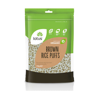 Lotus Rice Puffed Brown Organic 175g front pack on white background