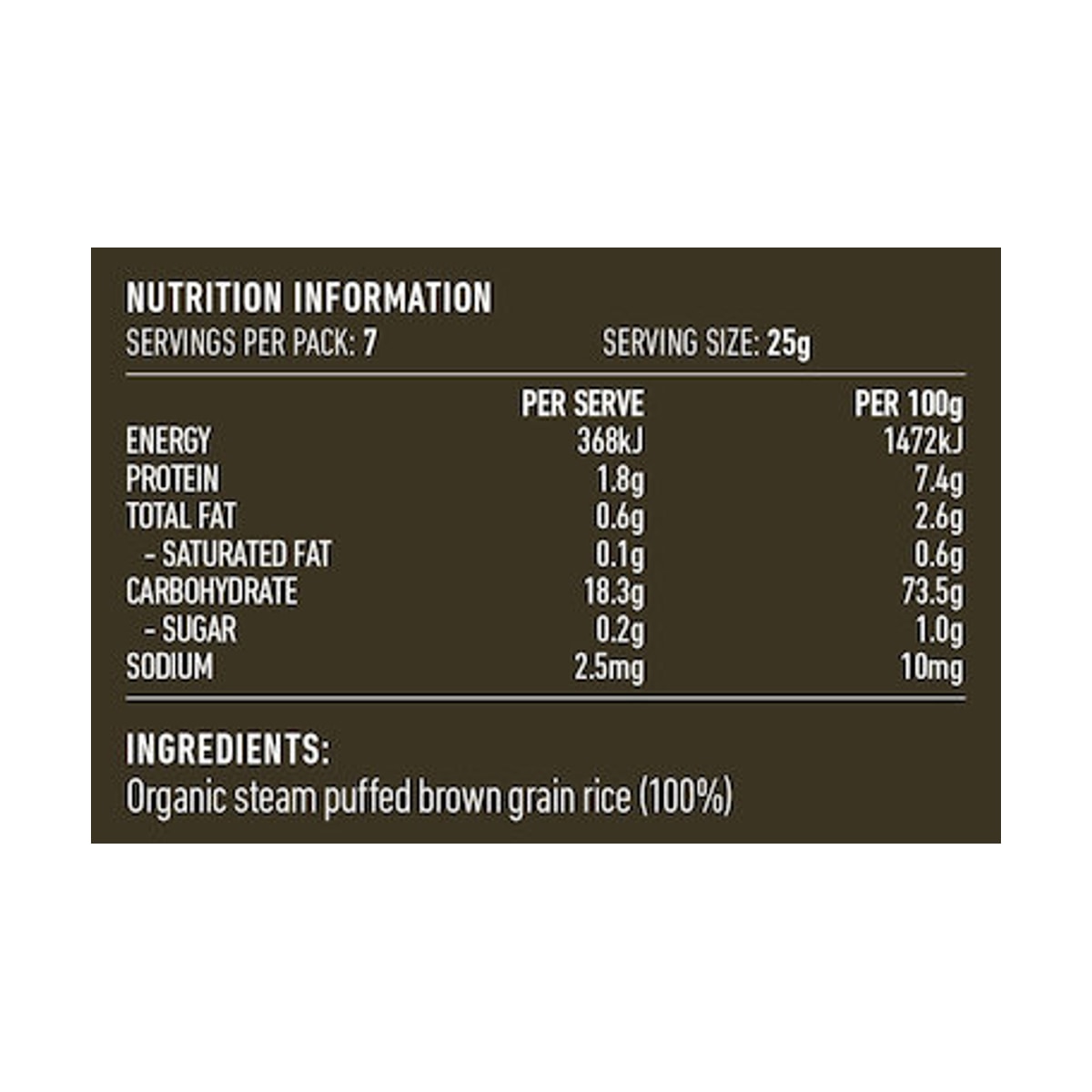 Lotus Rice Puffed Brown Organic 175g rear label and nutrition information panel