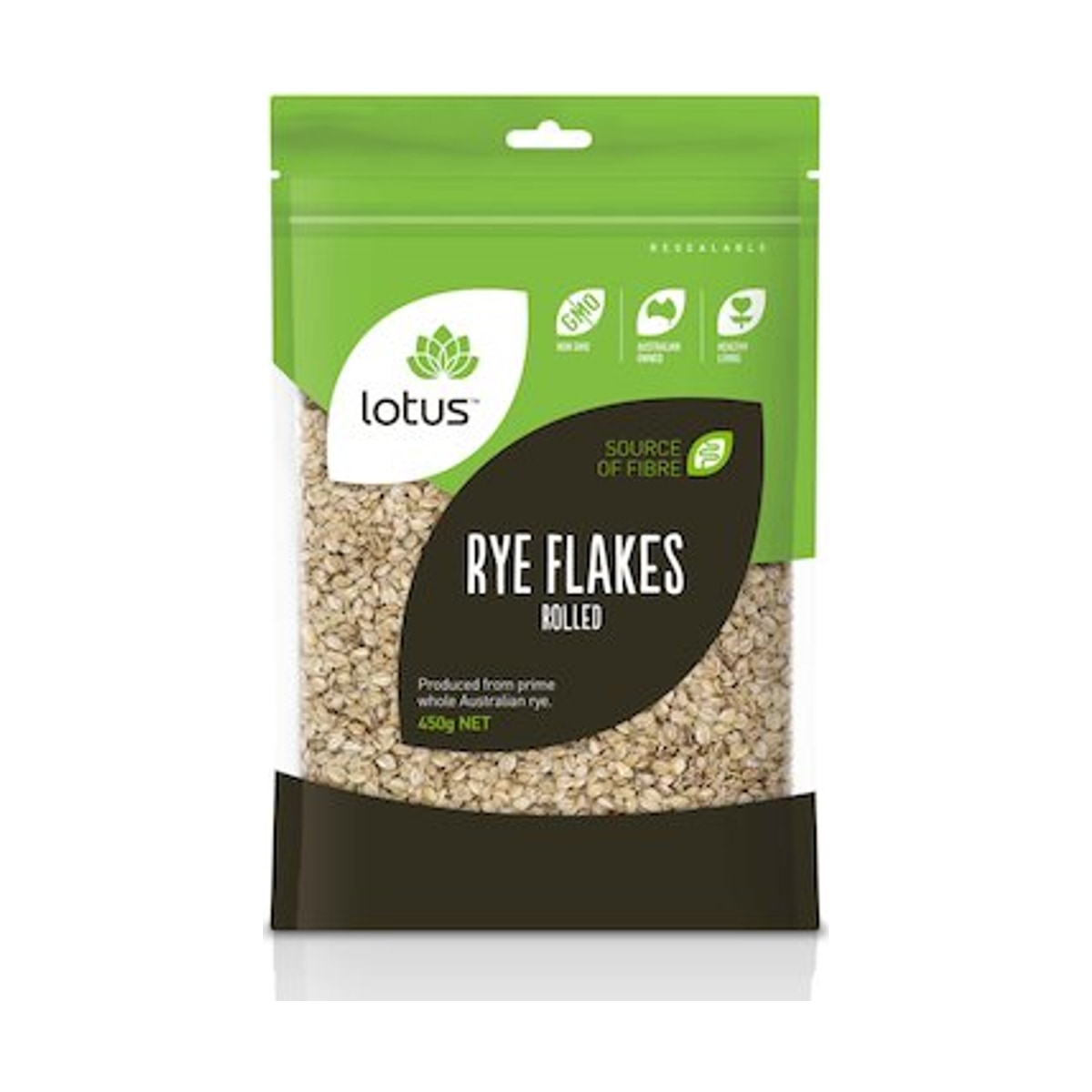 Lotus Rye Flakes Rolled 450g front pack on white background