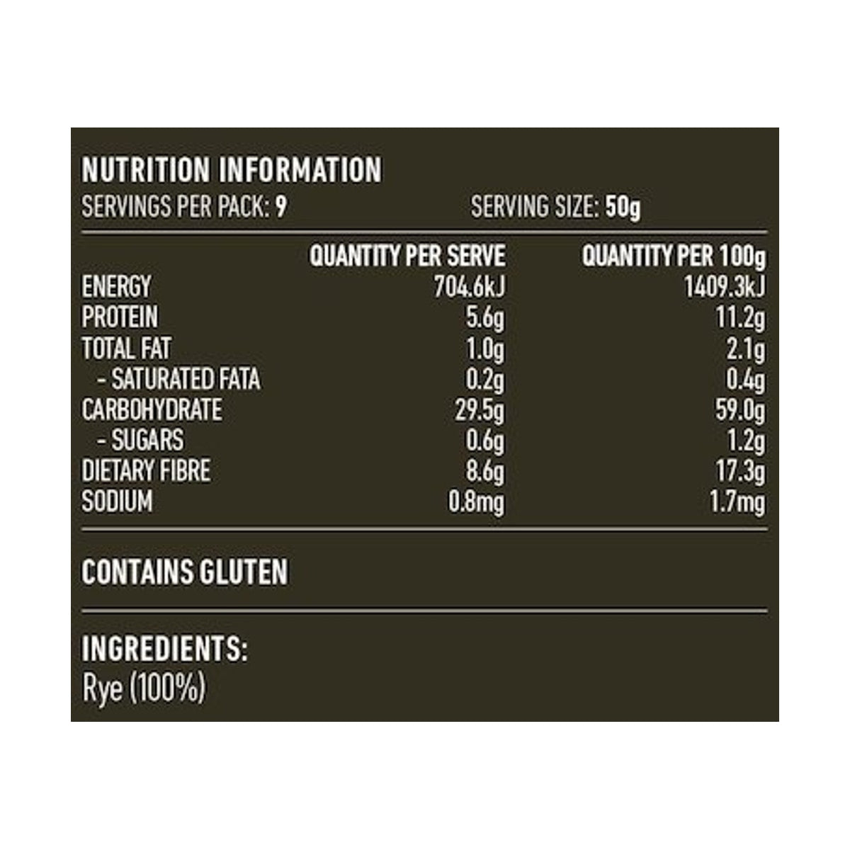 Lotus Rye Flakes Rolled 450g rear label and nutrition information panel