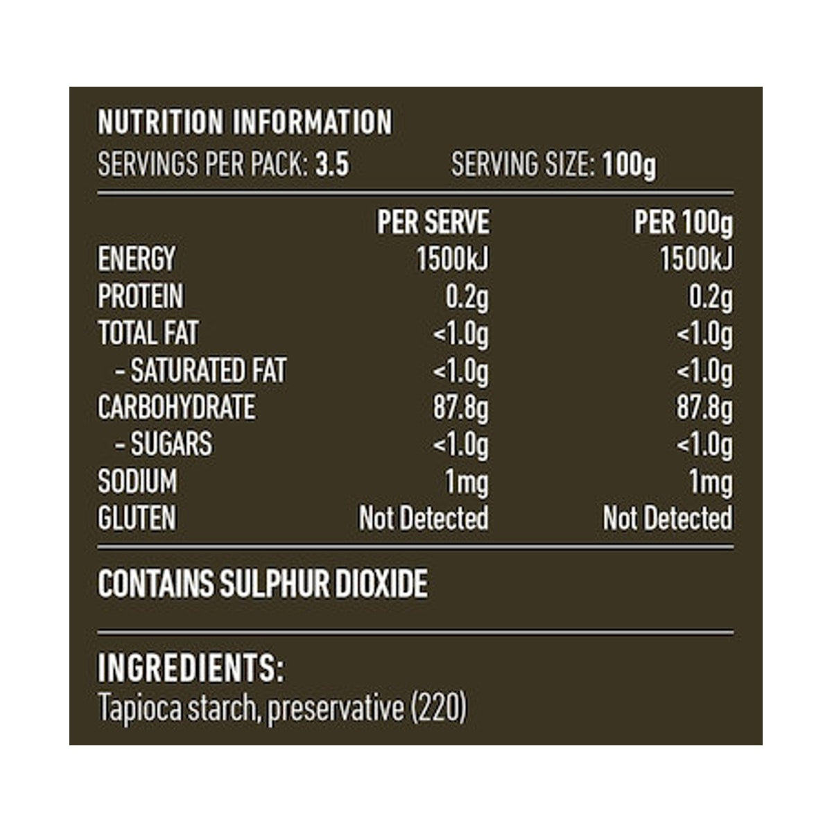 Lotus Sago (Tapioca Seed) 375g rear label and nutrition information panel