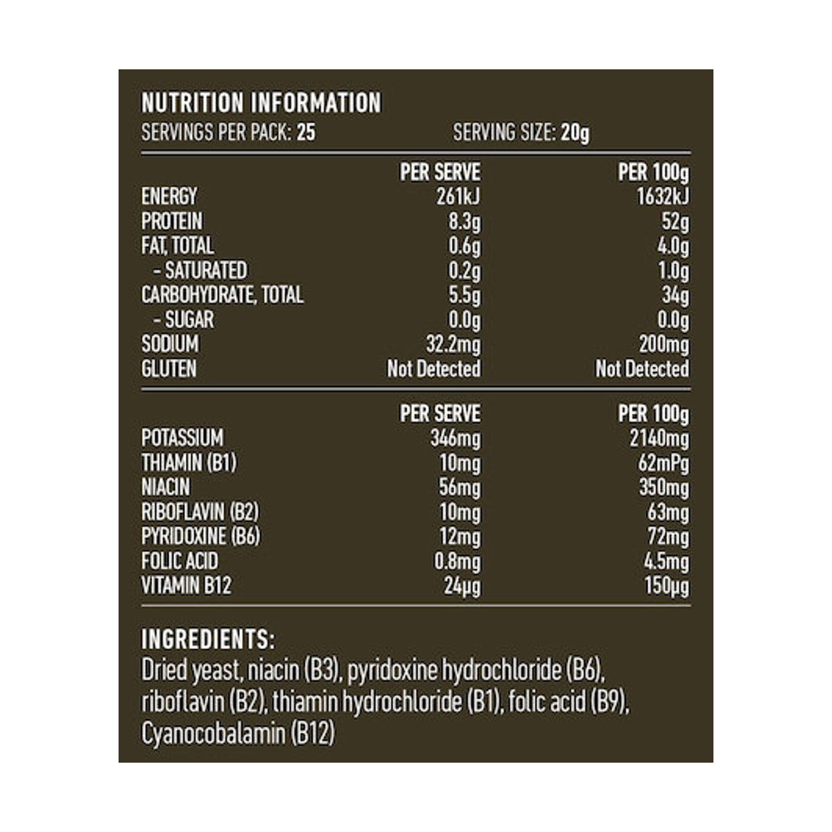 Lotus Savoury Yeast Flakes 500g rear label and nutrition information panel