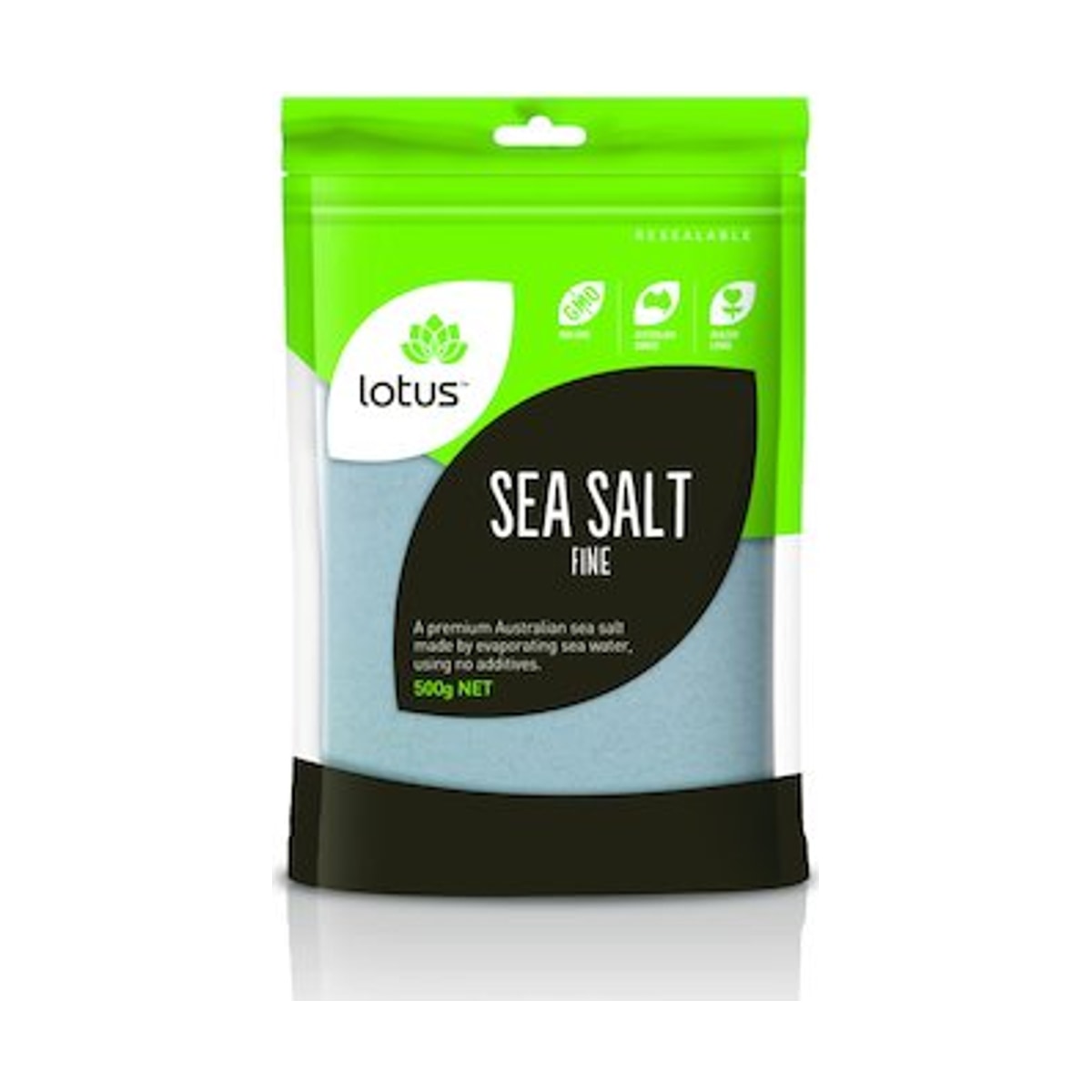 Lotus Sea Salt Fine 500g front pack on white background