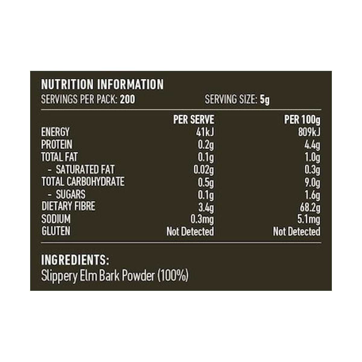 Lotus Slippery Elm Bark Powder 1kg rear label and nutrition information panel