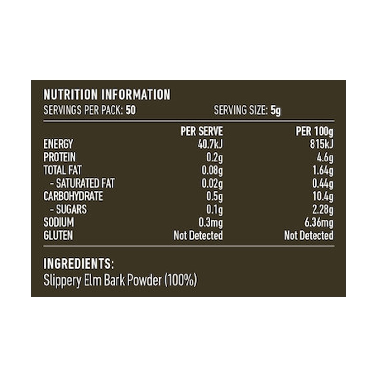 Lotus Slippery Elm Bark Powder 250g rear label and nutrition information panel