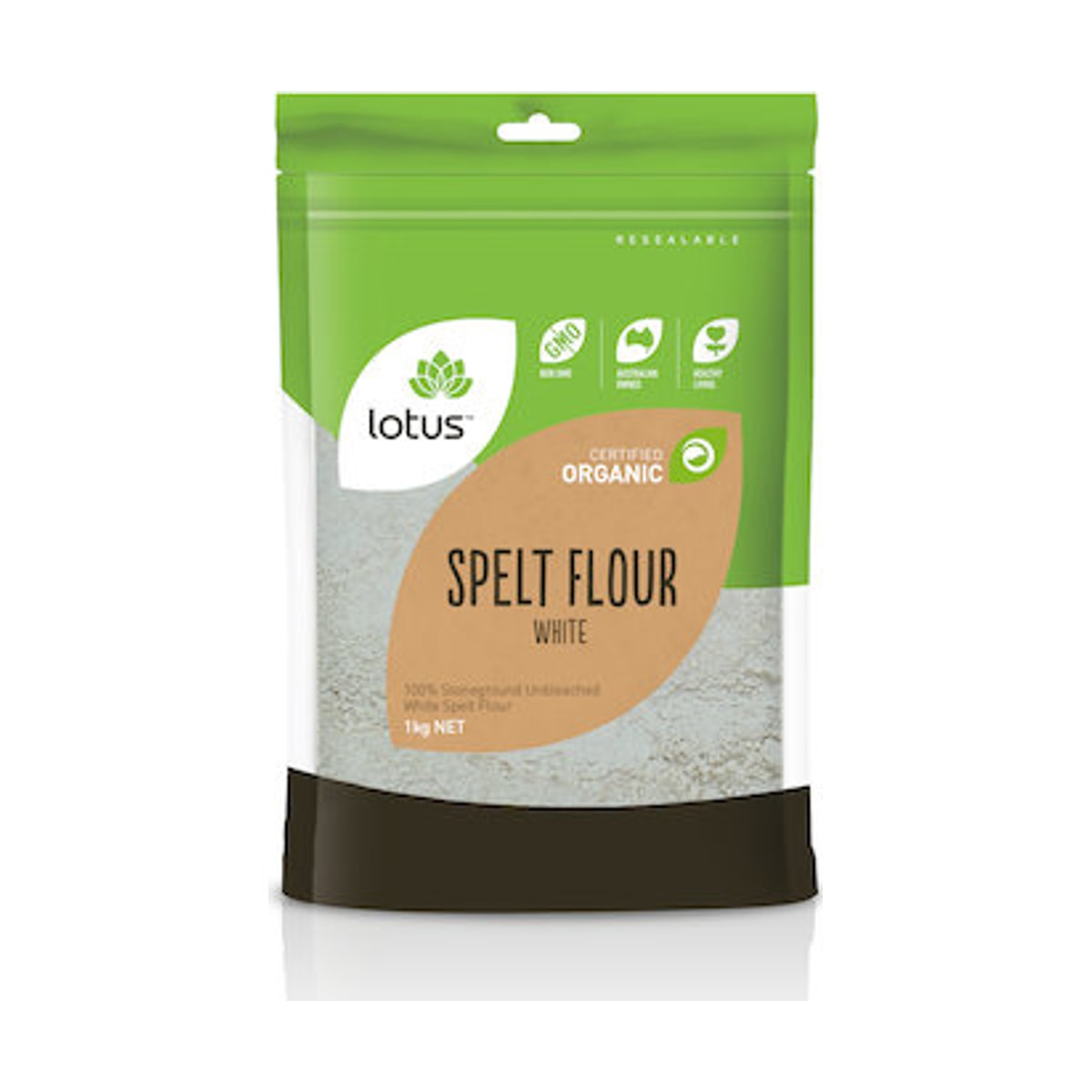 Lotus Spelt Flour White Organic 1kg front pack on white background