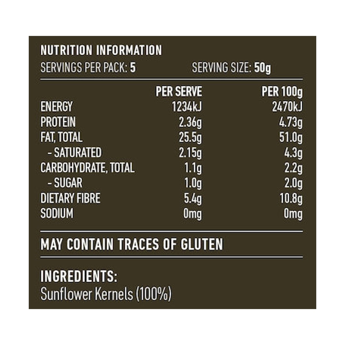 Lotus Sunflower Kernels 250g rear label and nutrition information panel