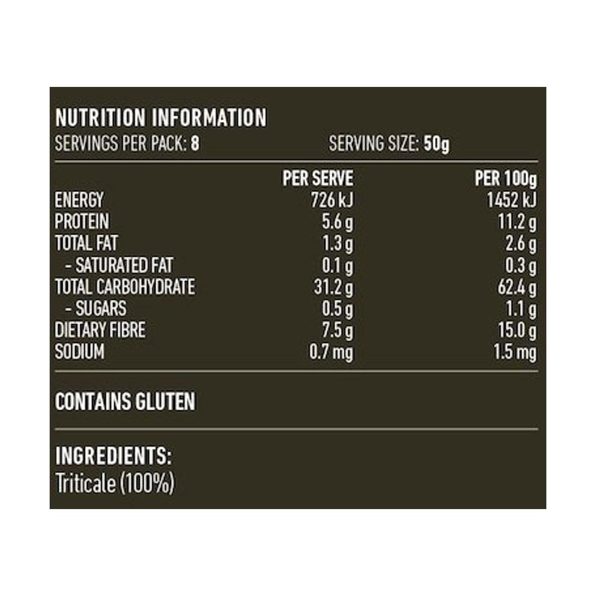 Lotus Triticale Flakes Rolled 400g rear label and nutrition information panel