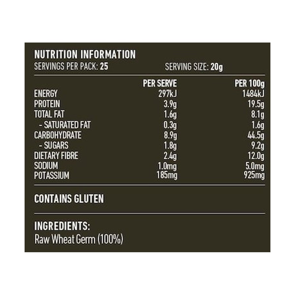 Lotus Wheat Germ Raw 500g rear label and nutrition information panel