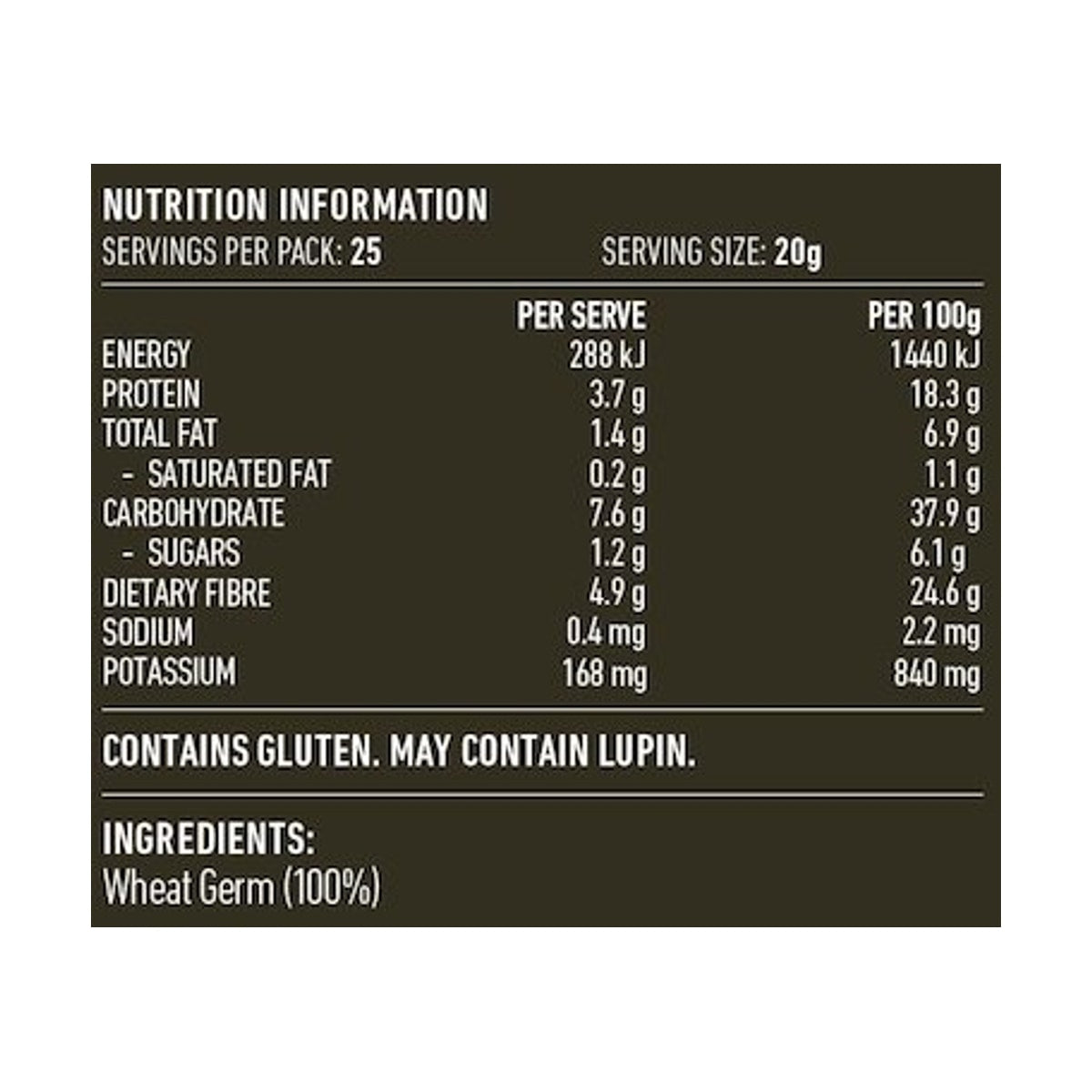 Lotus Wheat Germ Stabilised 500g rear label and nutrition information panel