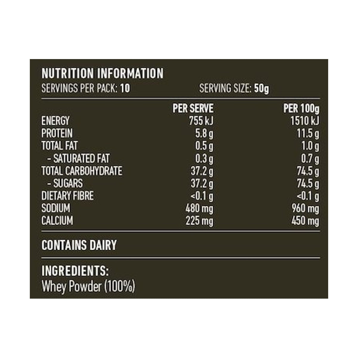 Lotus Whey Powder 500g rear label and nutrition information panel