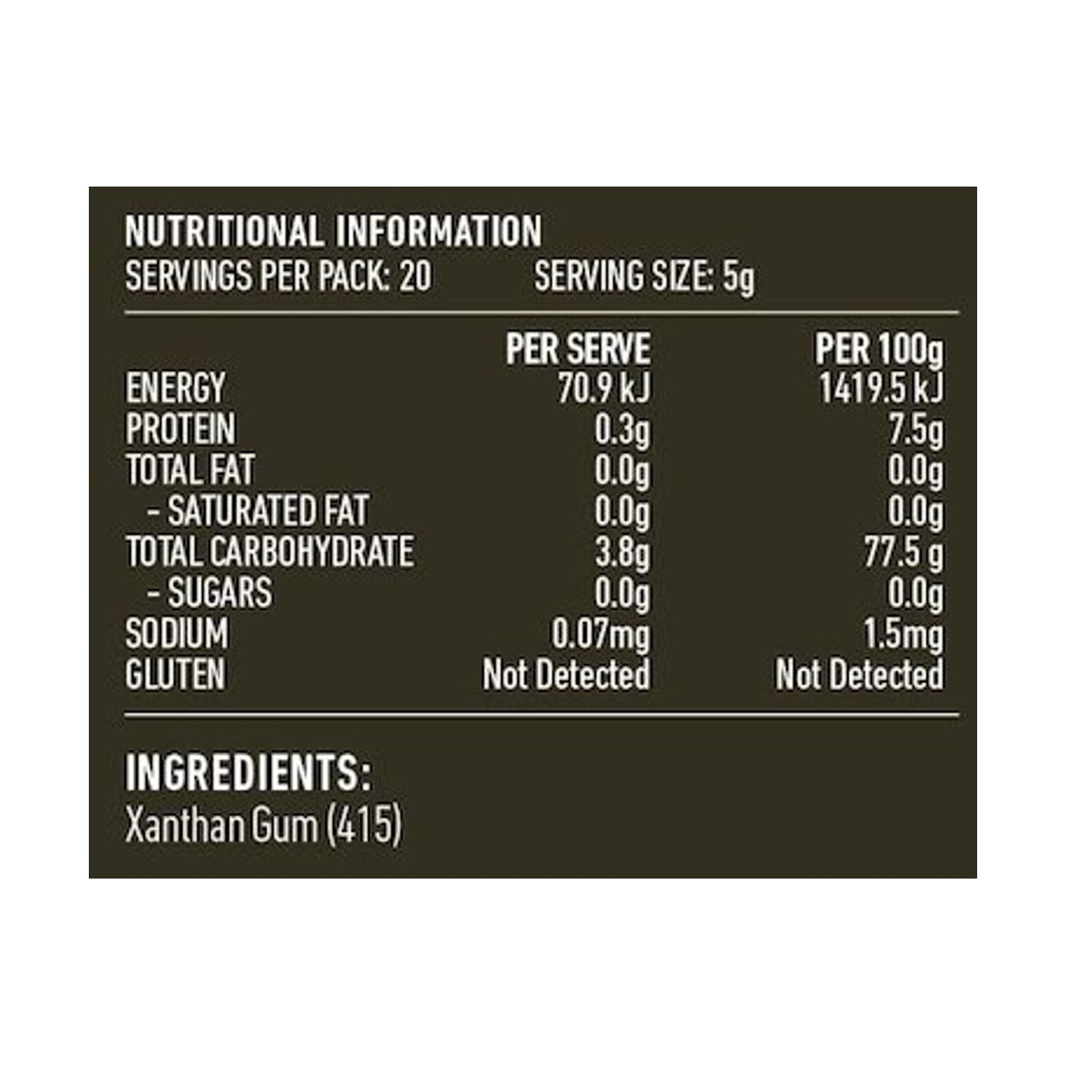 Lotus Xanthan Gum 100g rear label and nutrition information panel