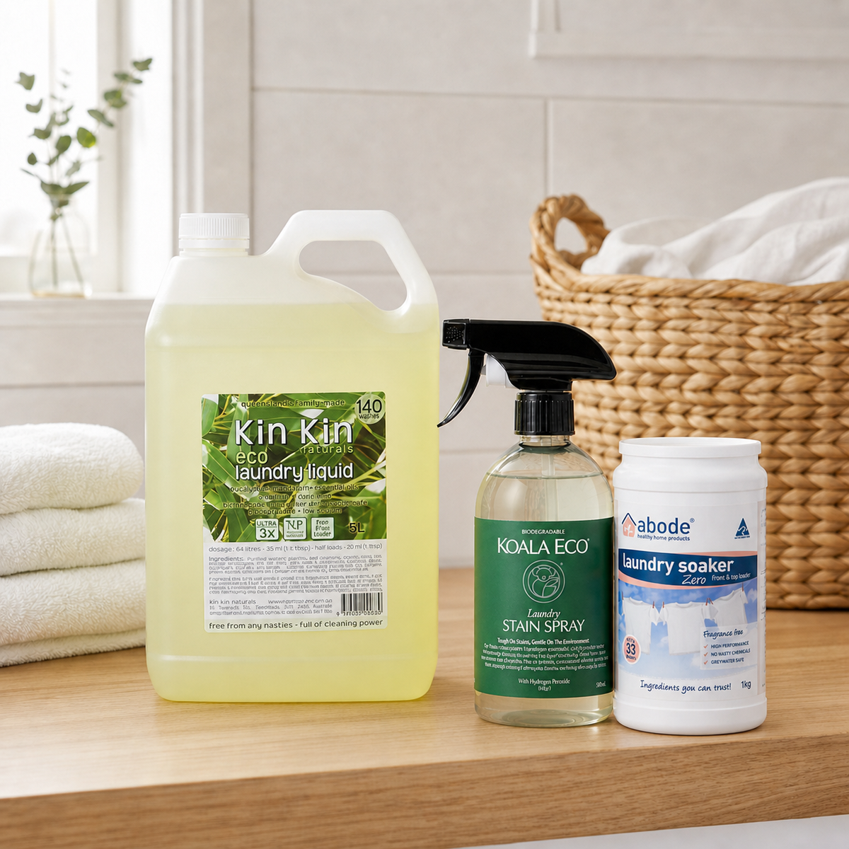 Low-Tox Laundry Essentials Bundle with Kin Kin laundry liquid, Koala Eco stain spray and Abode laundry soaker