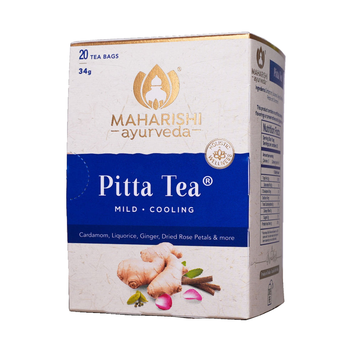 Maharishi Ayurveda Pitta Tea 20 bags 34g angled box showing side label