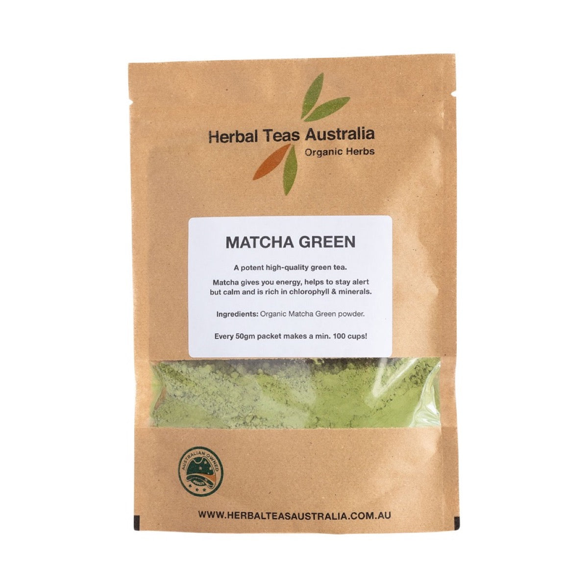 Herbal Teas Australia Organic Matcha Green Tea Powder 50g front pack on white background
