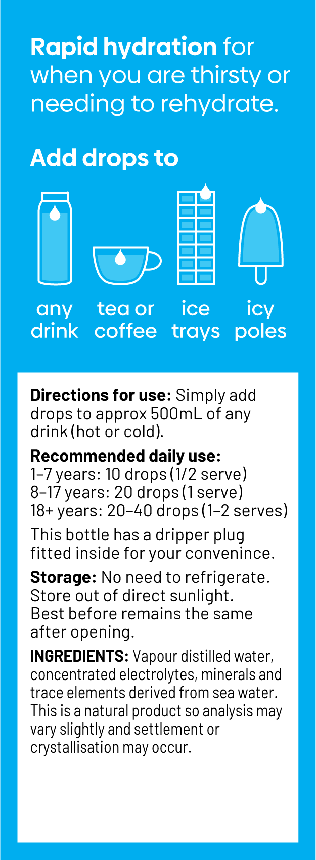 Mineralyte Hydrate+ 125ml current label directions, ingredients and storage