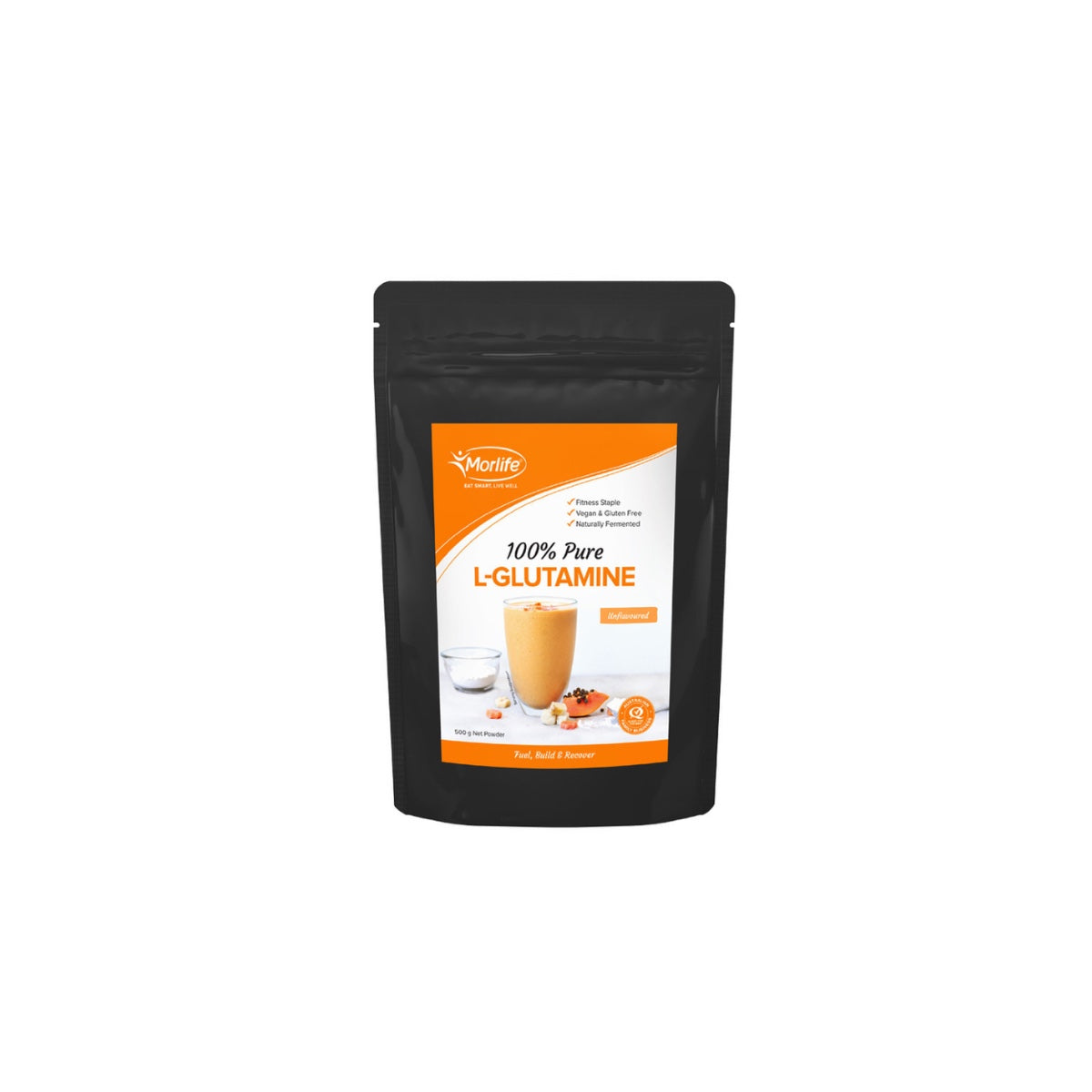 Morlife 100% Pure L-Glutamine Unflavoured 500g front pack on white background