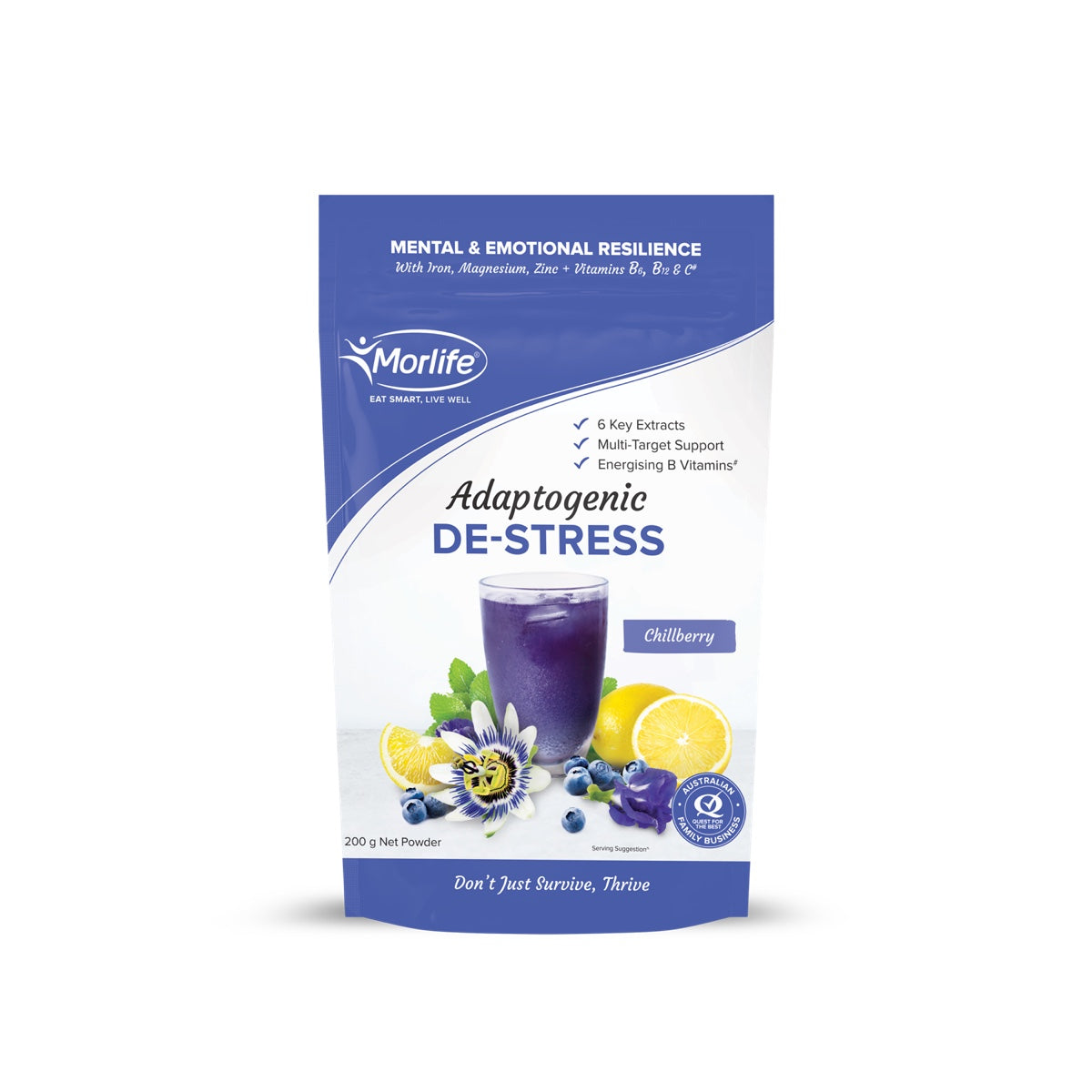 Morlife Adaptogenic De-Stress front pack on white background