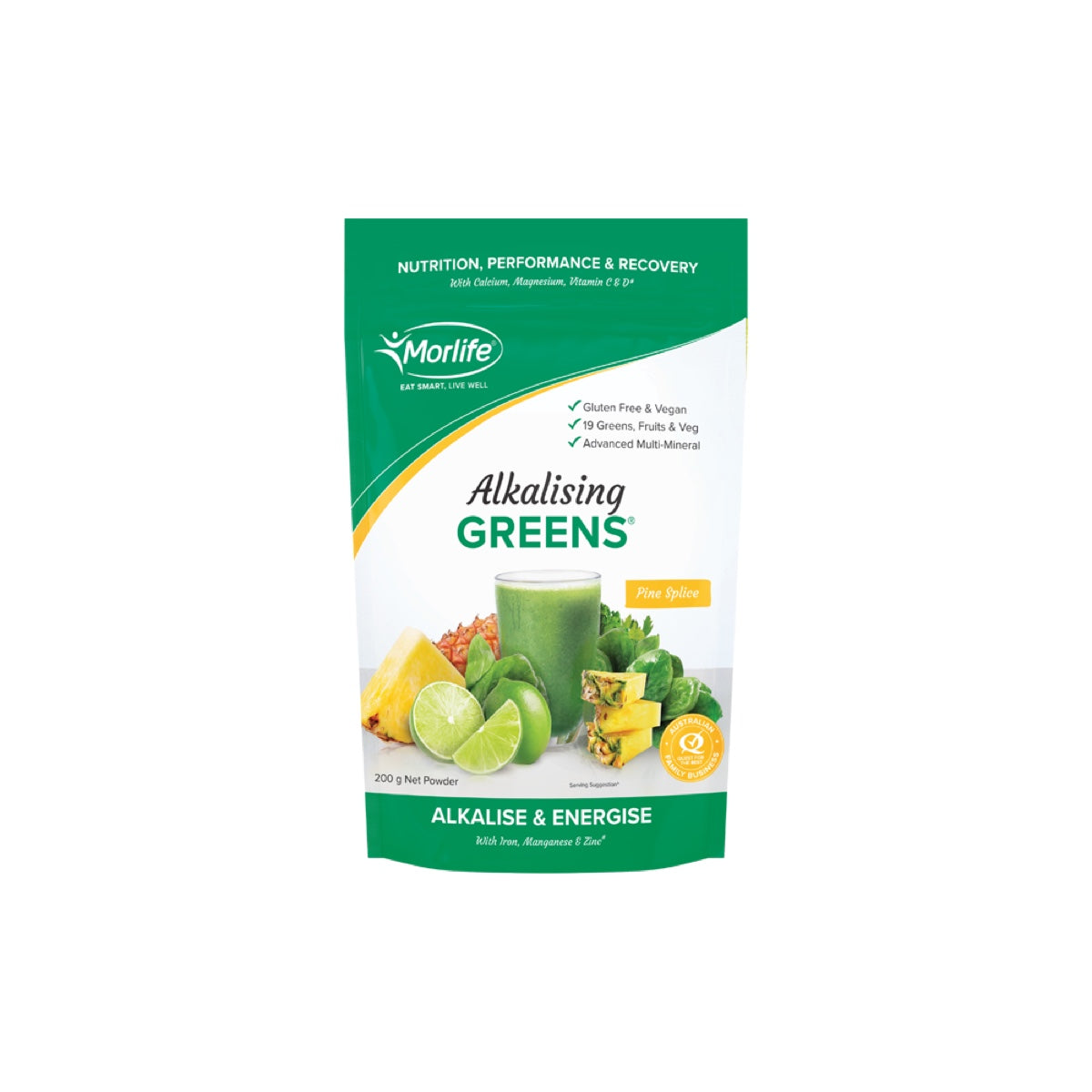 Morlife Alkalising Greens® Pine Splice 200g front pack on white background