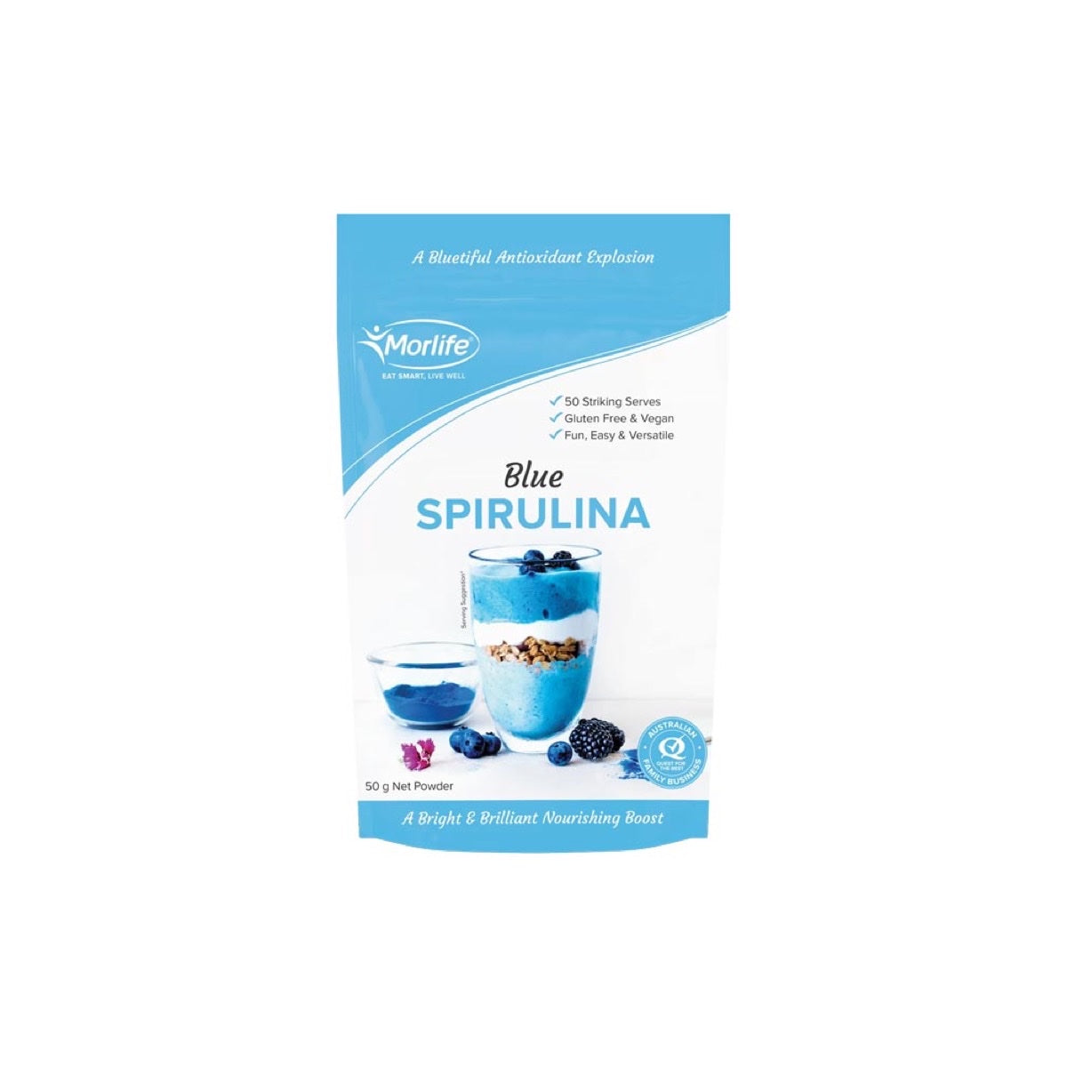 Morlife Blue Spirulina Powder 50g front pack on white background