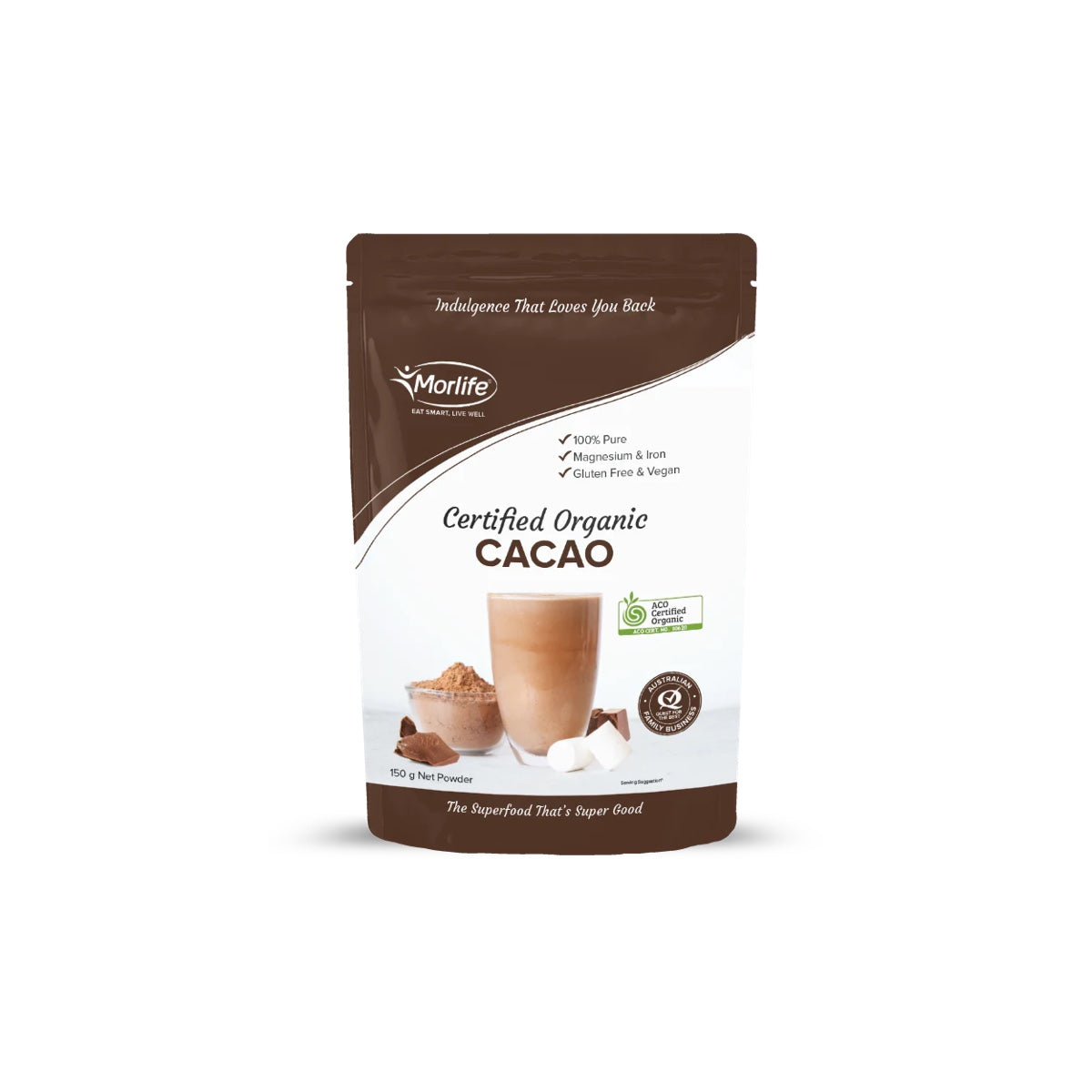 Morlife Cacao Powder Certified Organic front pack on white background