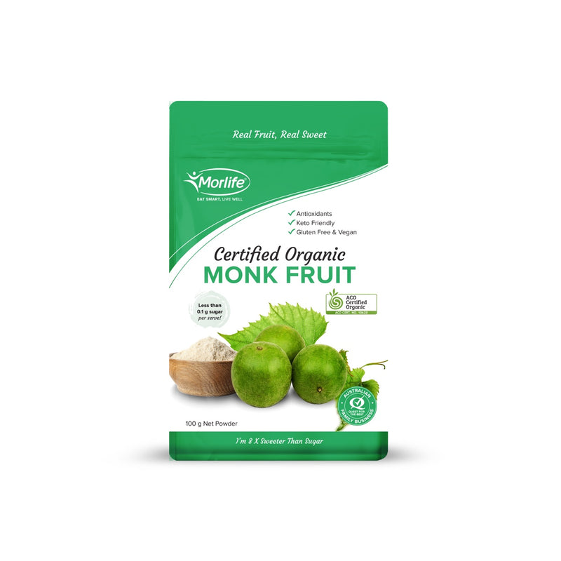 Morlife Certified Organic Monk Fruit 100g front pack on white background