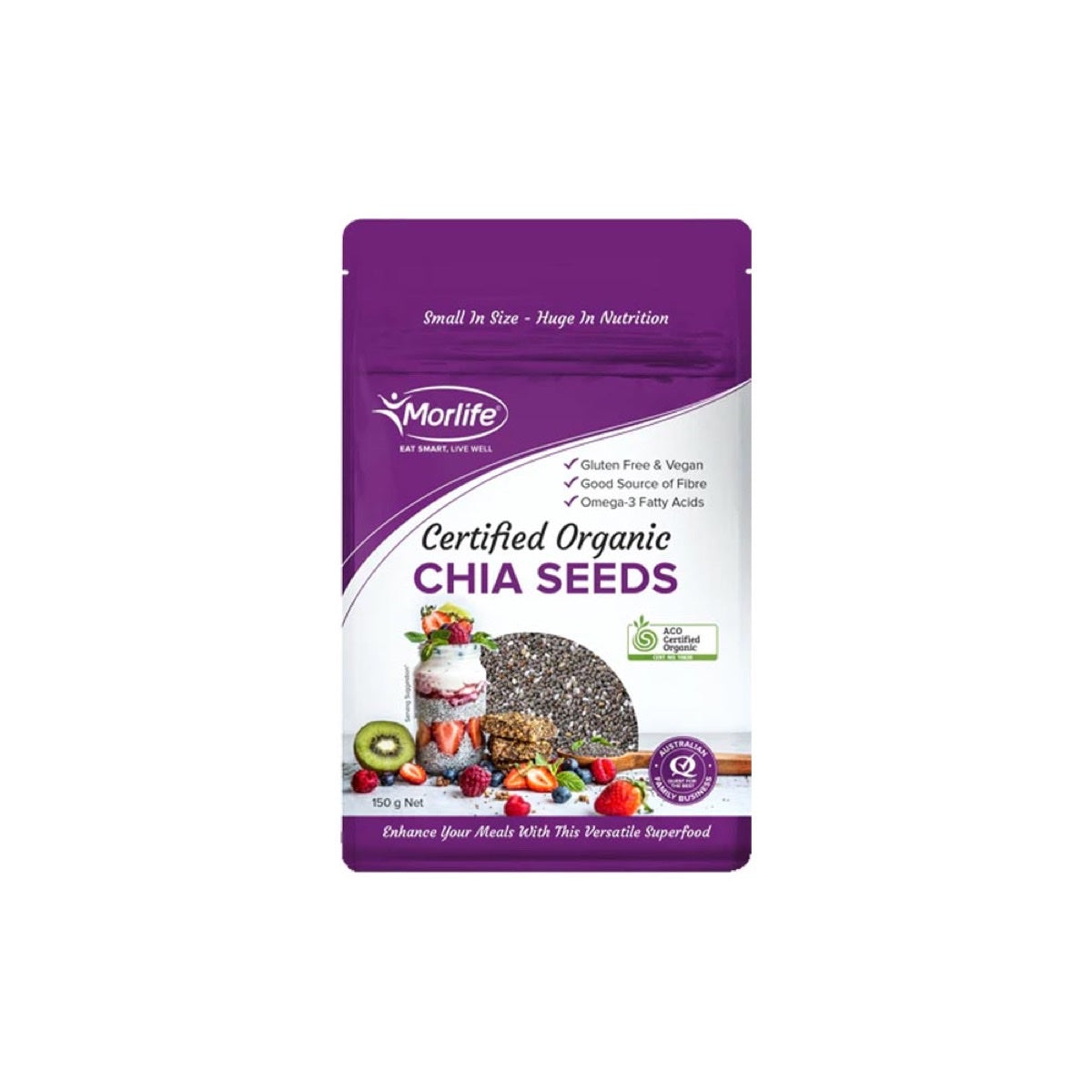 Morlife Chia Seeds Certified Organic front pack on white background