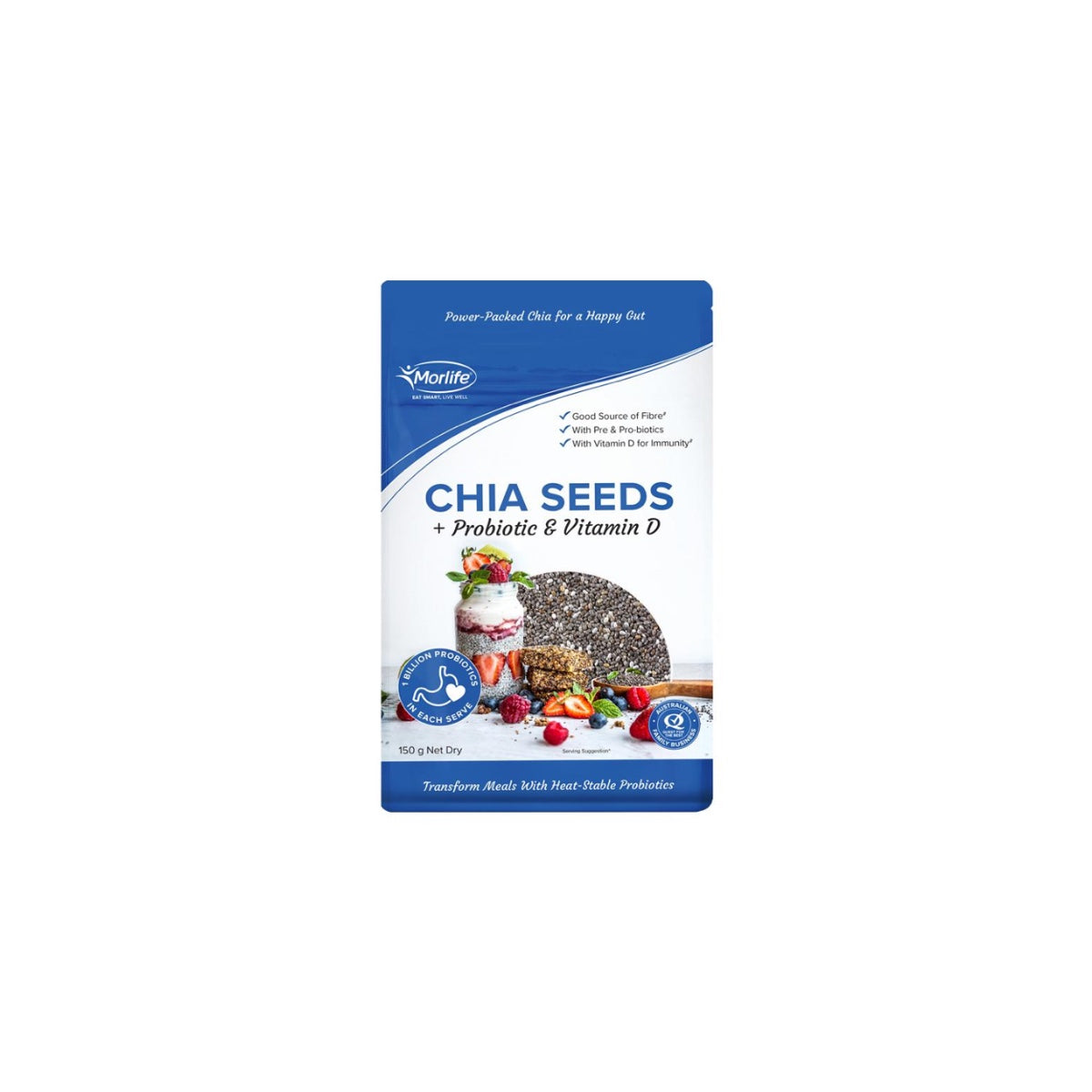 Morlife Chia Seeds + Probiotic & Vitamin D 150g front pack on white background