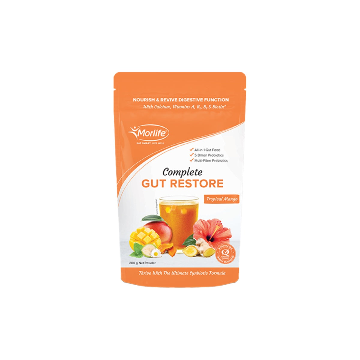 Morlife Complete Gut Restore Tropical Mango 200g front pack on white background