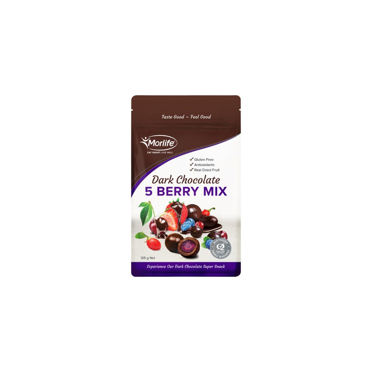Morlife Dark Chocolate 5 Berry Mix 125g front pack on white background