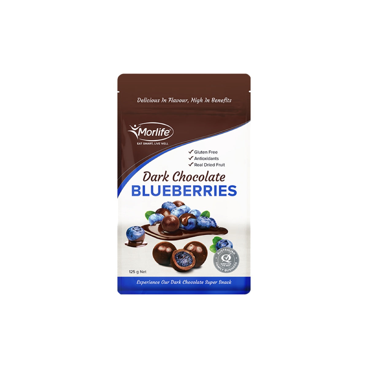 Morlife Dark Chocolate Blueberries 125g front pack on white background