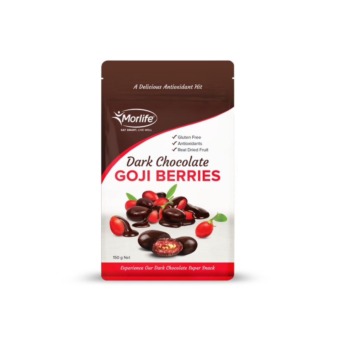 Morlife Dark Chocolate Goji Berries 150g front pack on white background