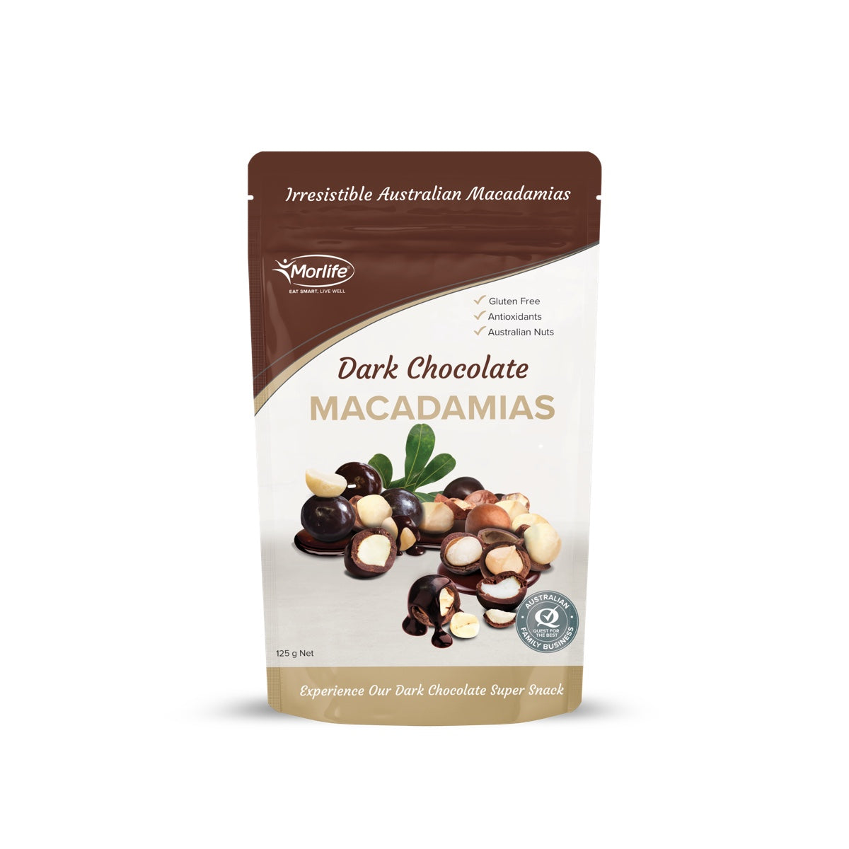 Morlife Dark Chocolate Macadamias 125g front pack on white background