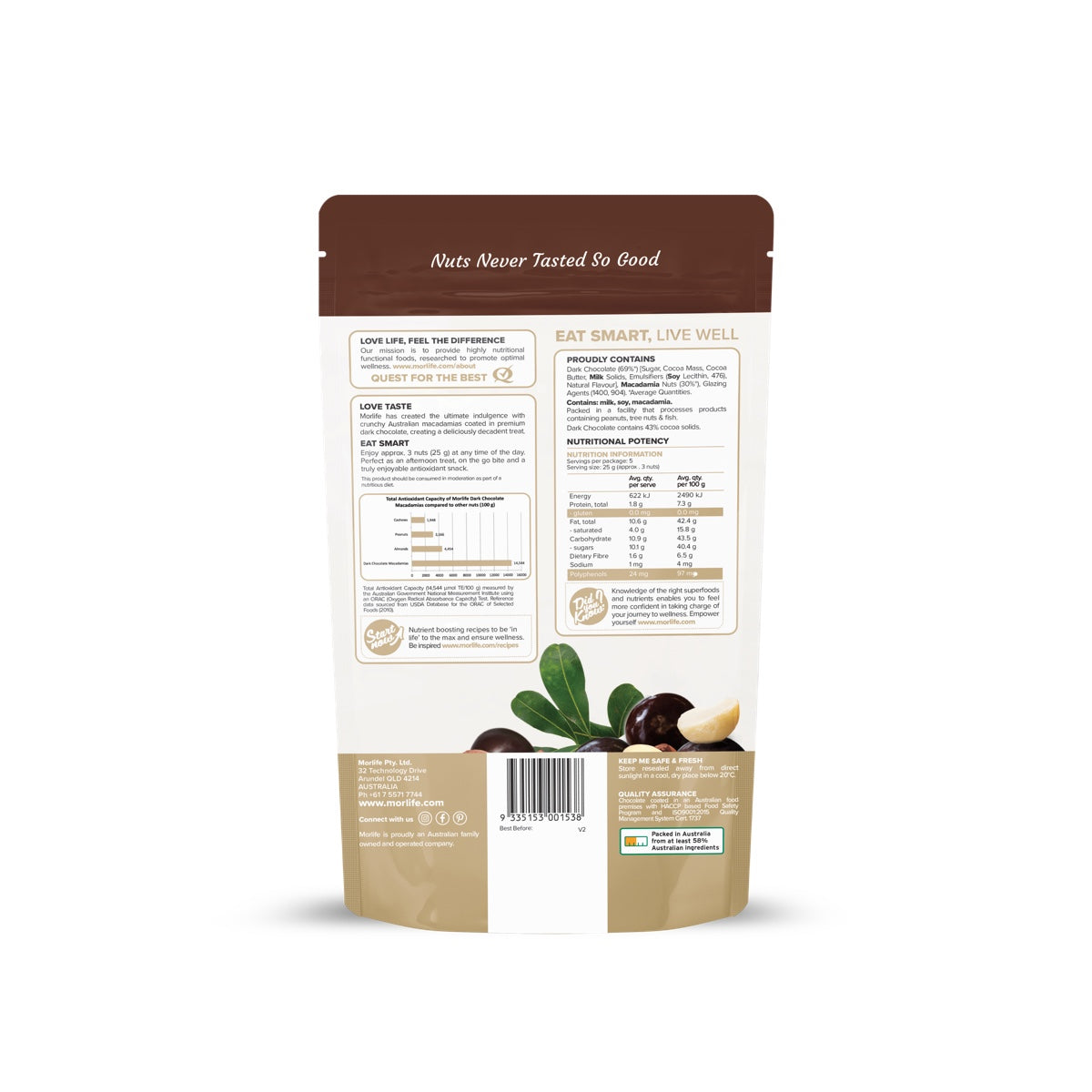 Morlife Dark Chocolate Macadamias 125g rear label on white background
