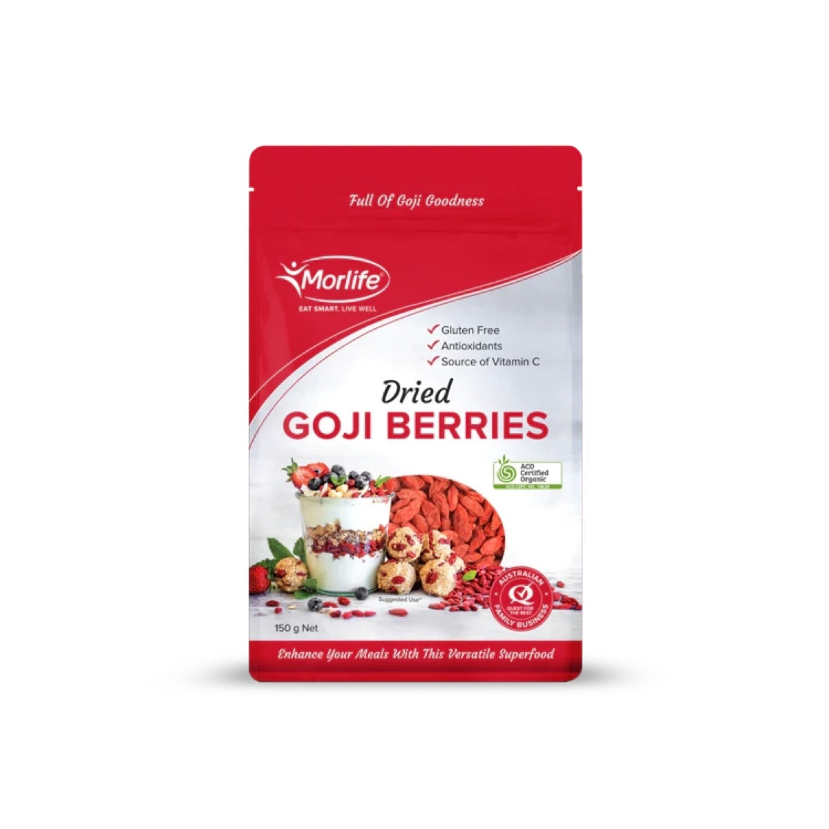 Morlife Dried Goji Berries 150g front pack on white background