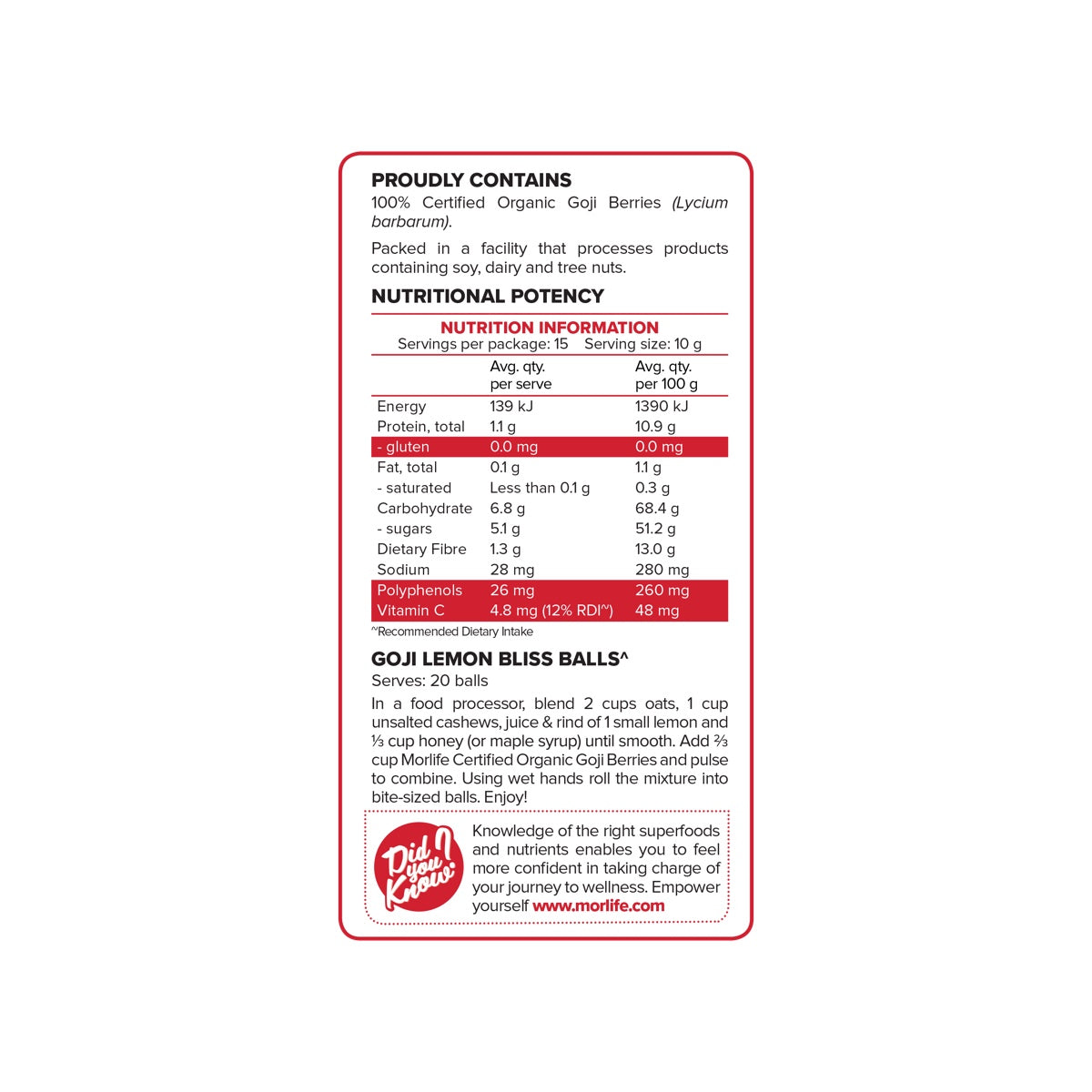 Morlife Dried Goji Berries 150g rear label on white background