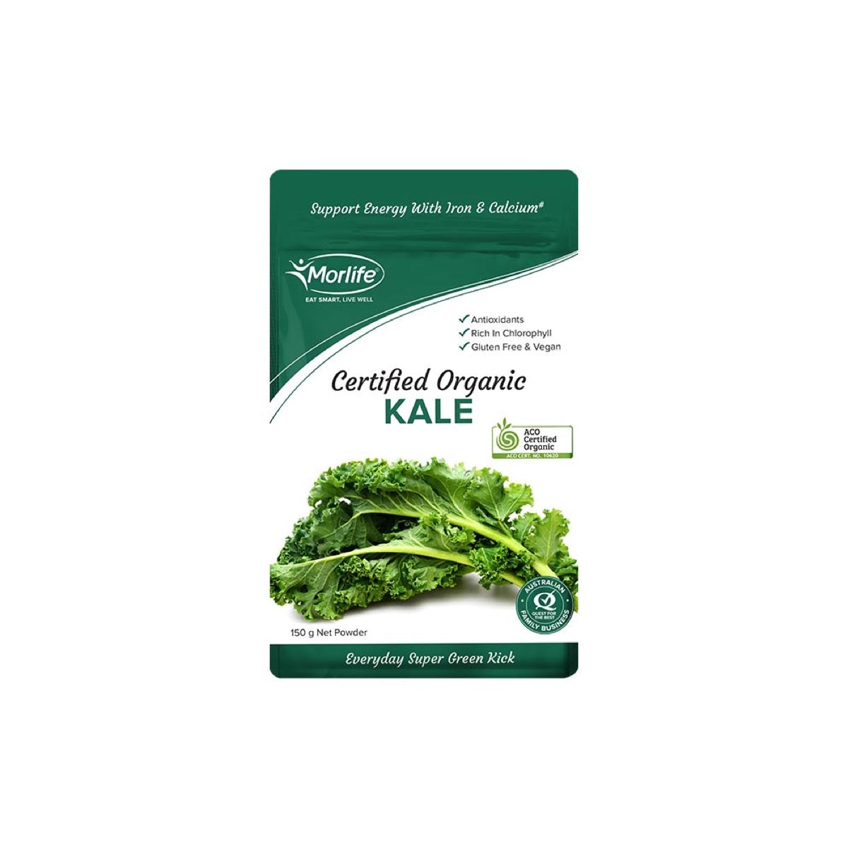 Morlife Kale Powder Certified Organic 150g front pack on white background