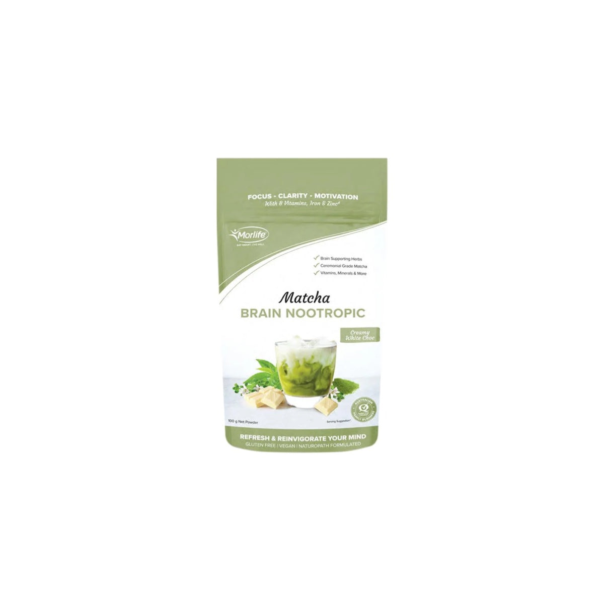 Morlife Matcha Brain Nootropic Creamy White Chocolate 100g front pack on white background