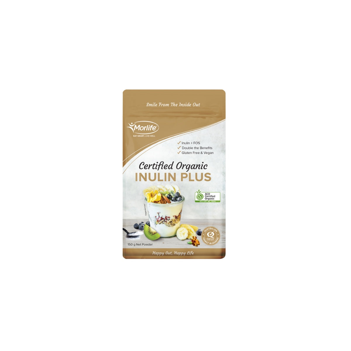 Morlife Organic Inulin Plus Powder 150g front pack on white background