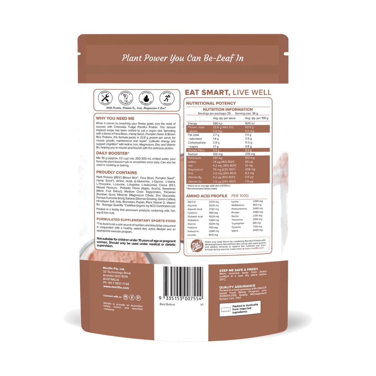 Morlife Plantiful Protein Chocolate Fudge 900g rear label with ingredients and nutrition
