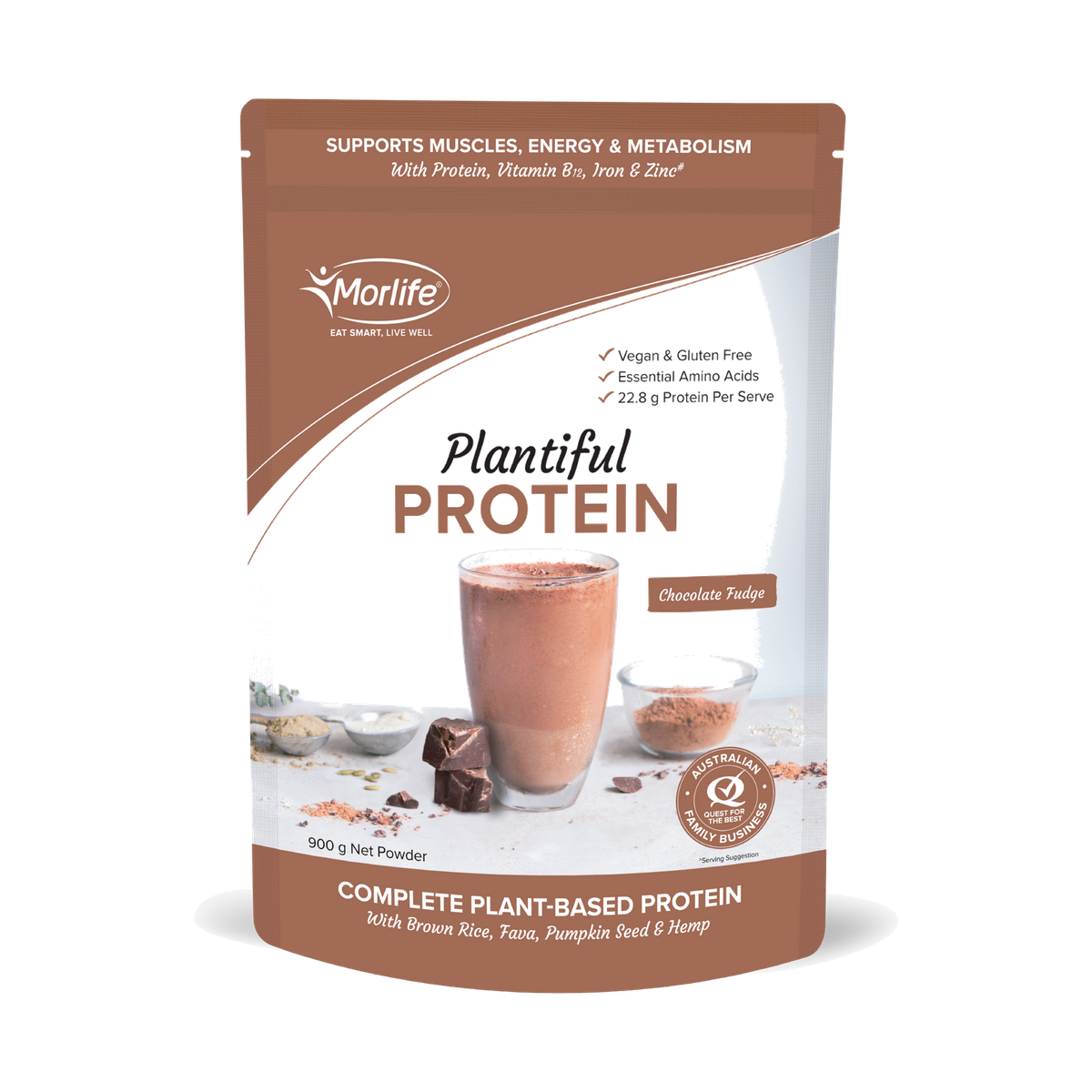 Morlife Plantiful Protein Chocolate Fudge 900g front pouch
