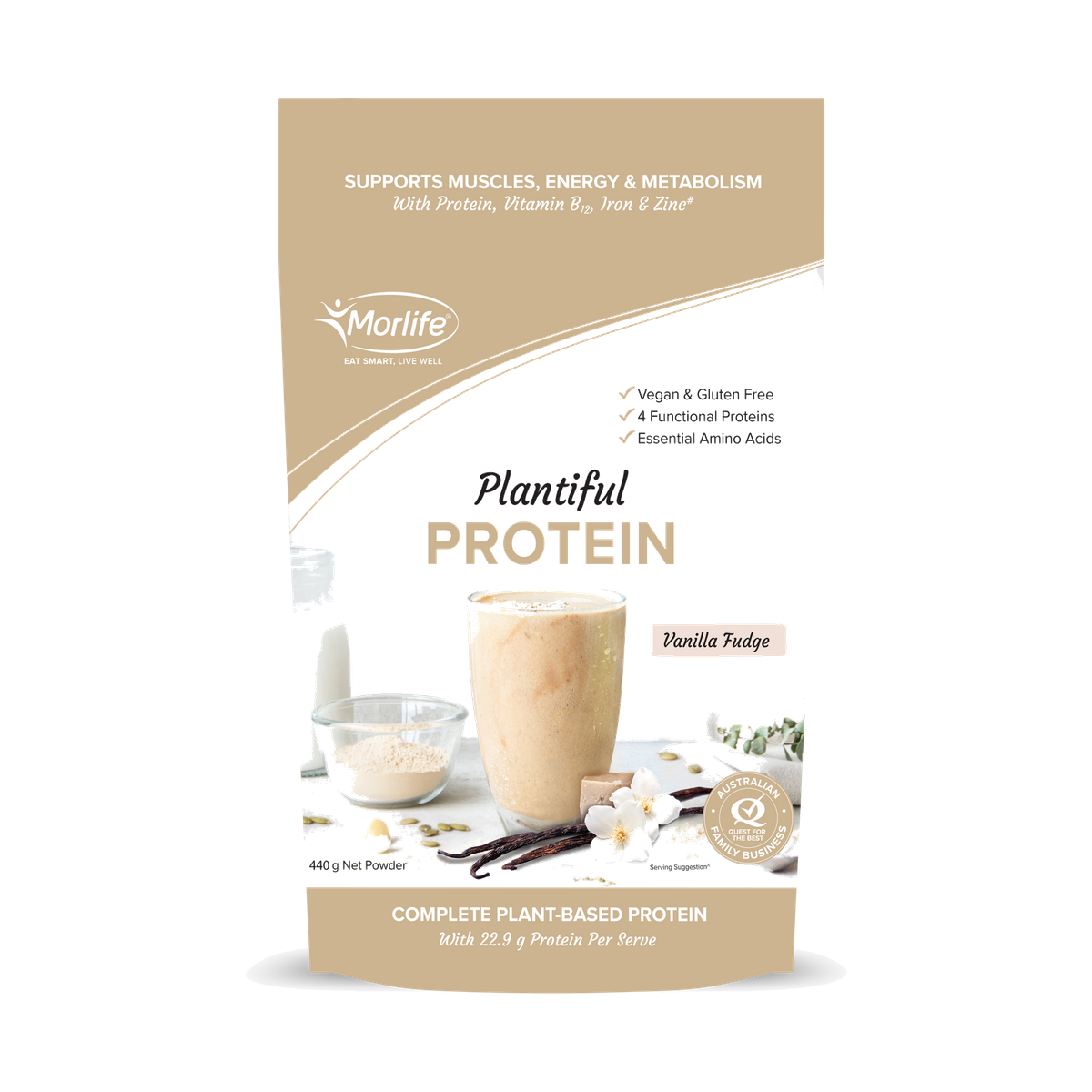 Morlife Plantiful Protein Vanilla Fudge 440g front pouch