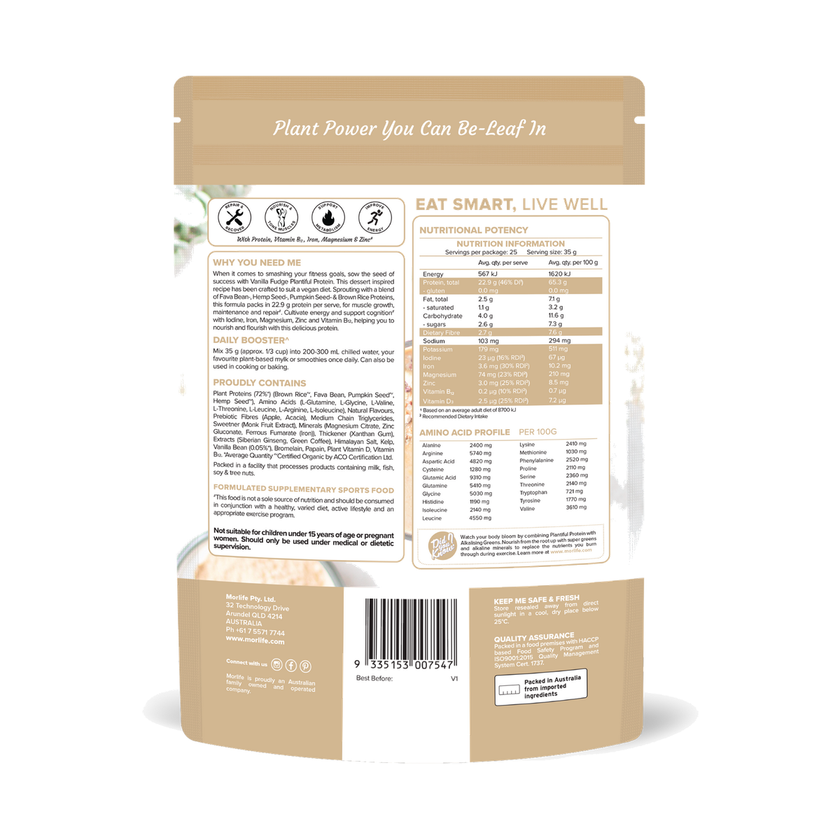 Morlife Plantiful Protein Vanilla Fudge 900g rear label with ingredients and nutrition