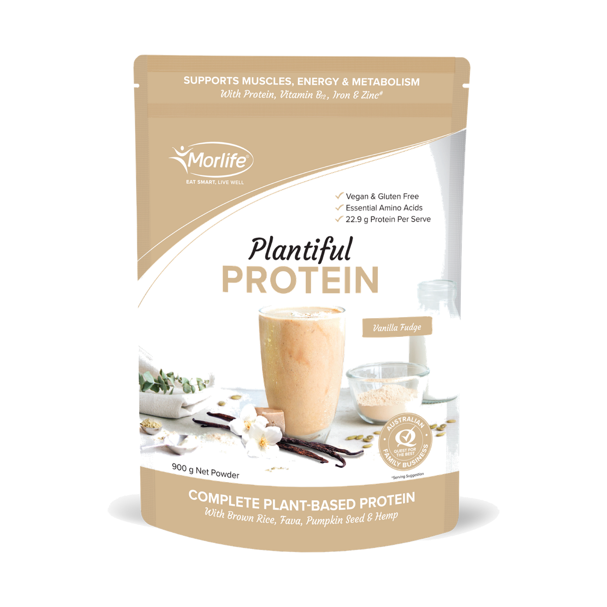 Morlife Plantiful Protein Vanilla Fudge 900g front pouch