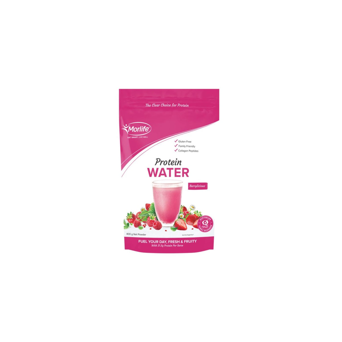 Morlife Protein Water Berrylicious 400g front pack on white background