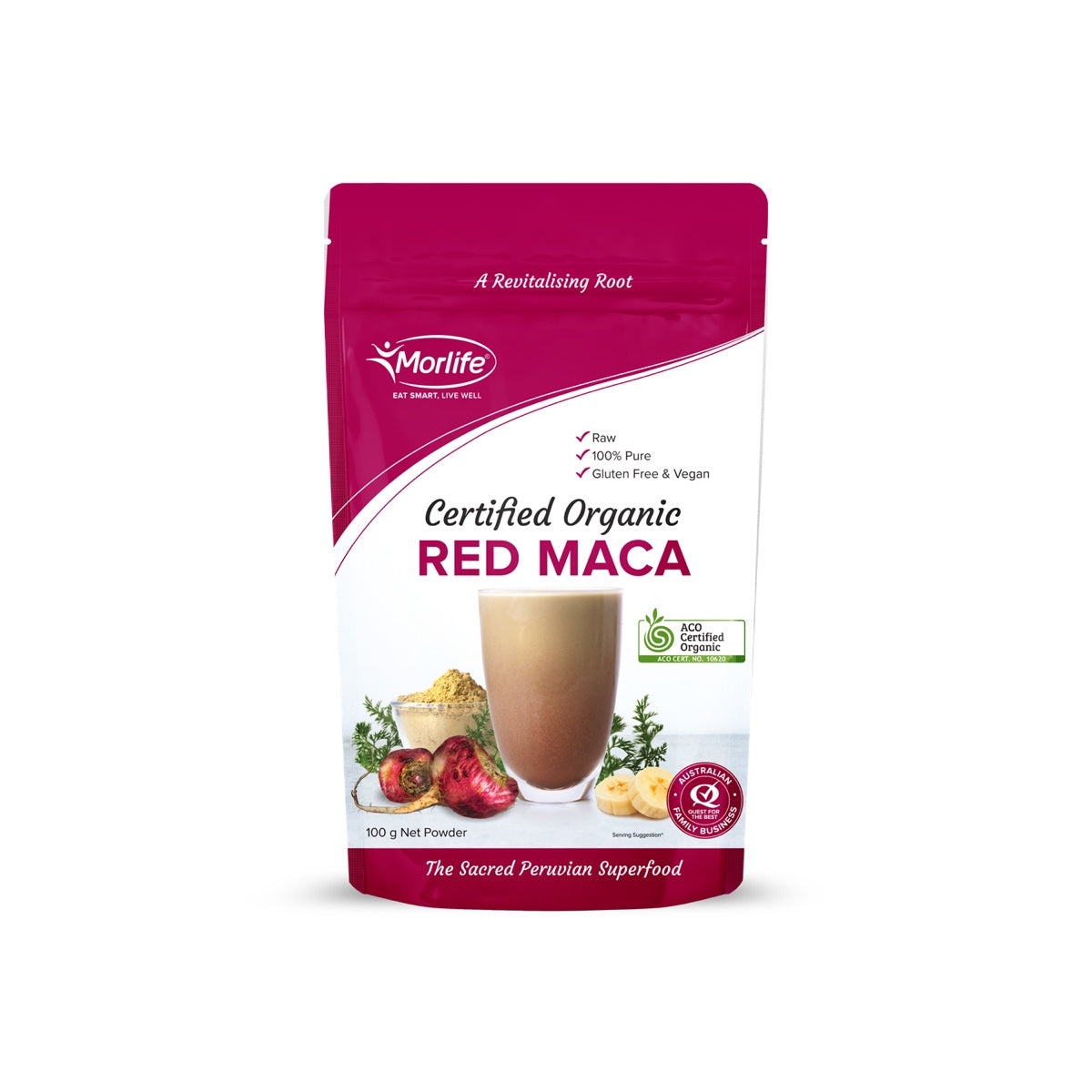 Morlife Red Maca Powder Certified Organic front pack on white background
