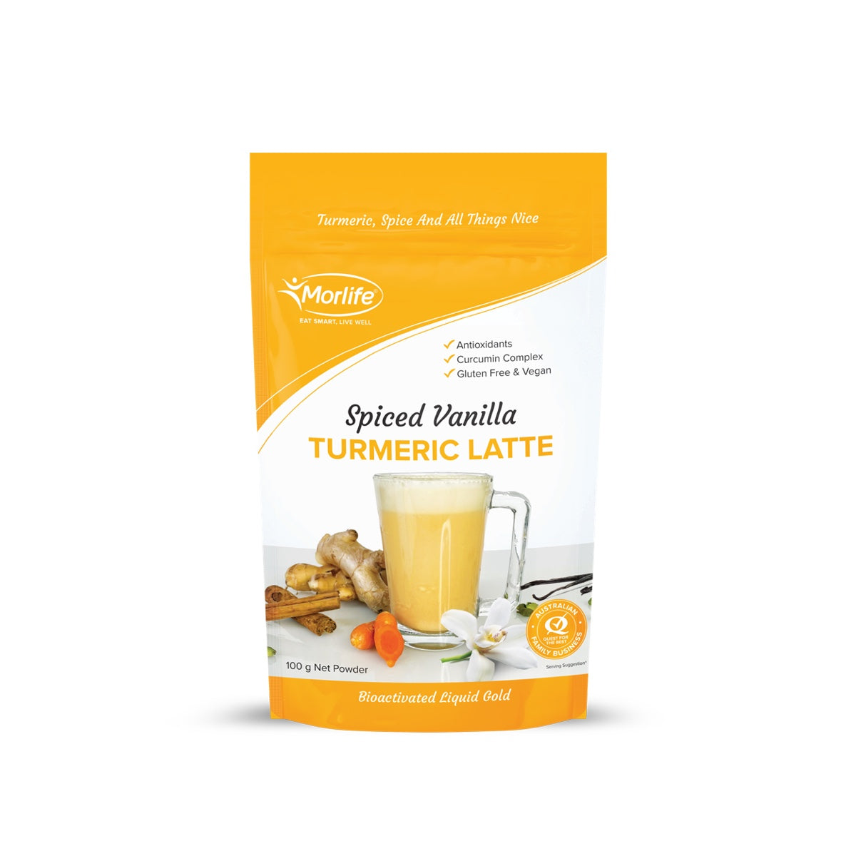Morlife Spiced Vanilla Turmeric Latte 100g front pack on white background